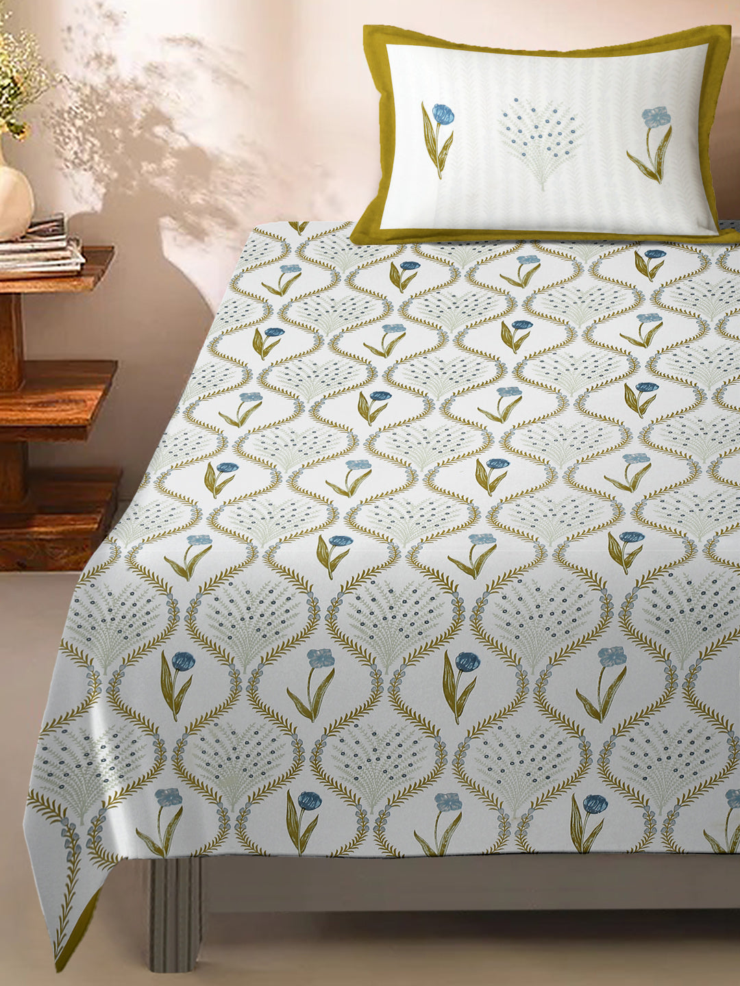 White and Green Floral Cotton Single Bed sheet with 1 Pillow Cover