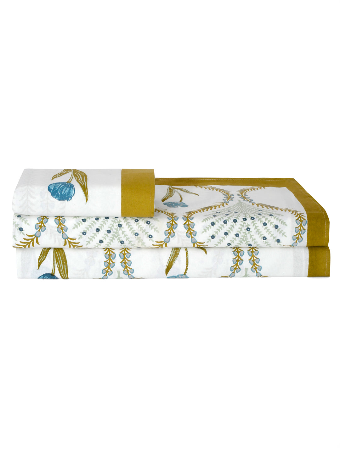White and Green Floral Cotton Single Bed sheet with 1 Pillow Cover