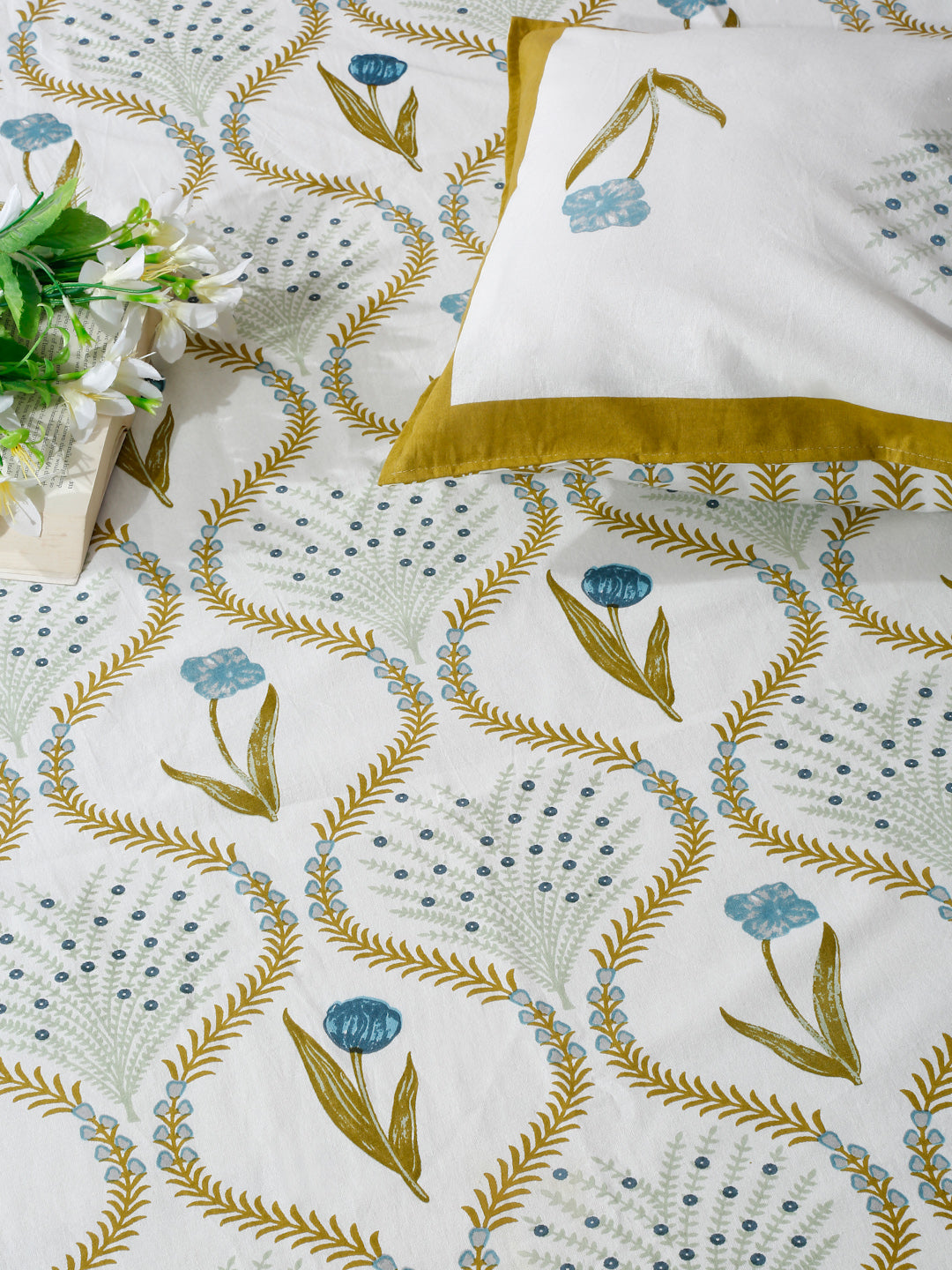 White and Green Floral Cotton Single Bed sheet with 1 Pillow Cover