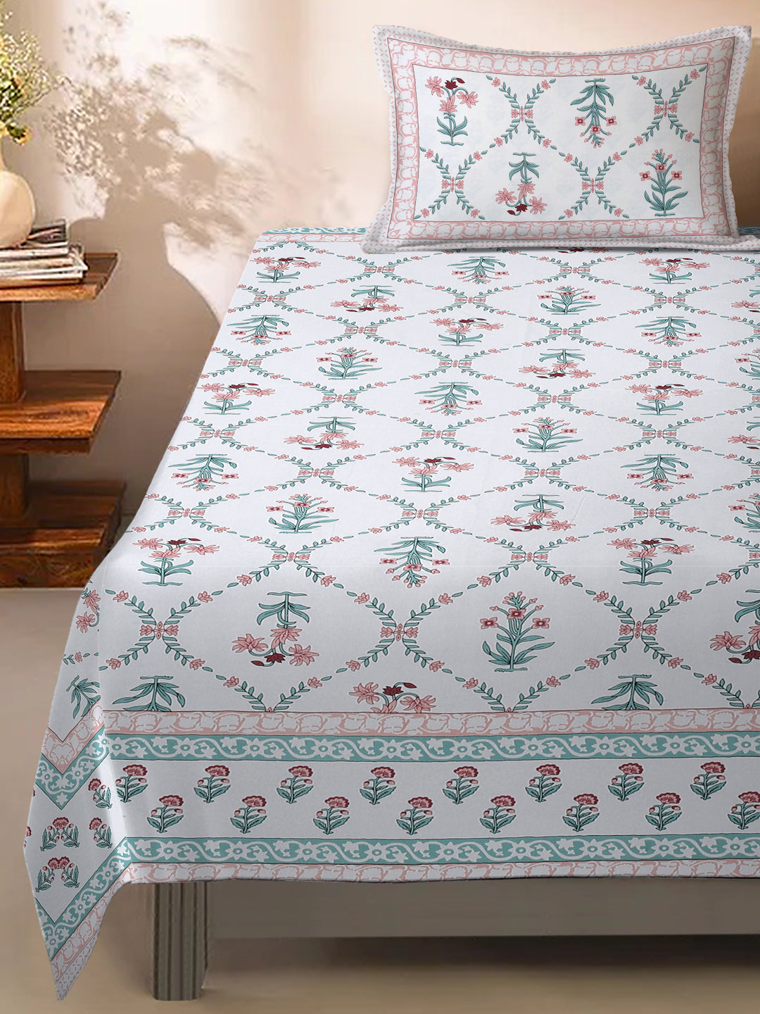 White Floral Print 144 TC Cotton Single Bed Sheet with 1 Pillow Cover