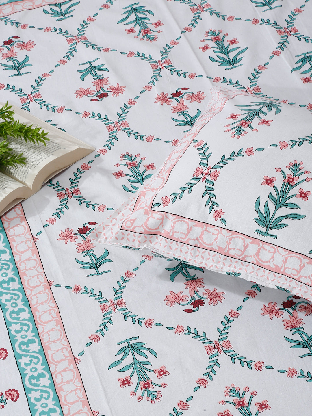 White Floral Print 144 TC Cotton Single Bed Sheet with 1 Pillow Cover