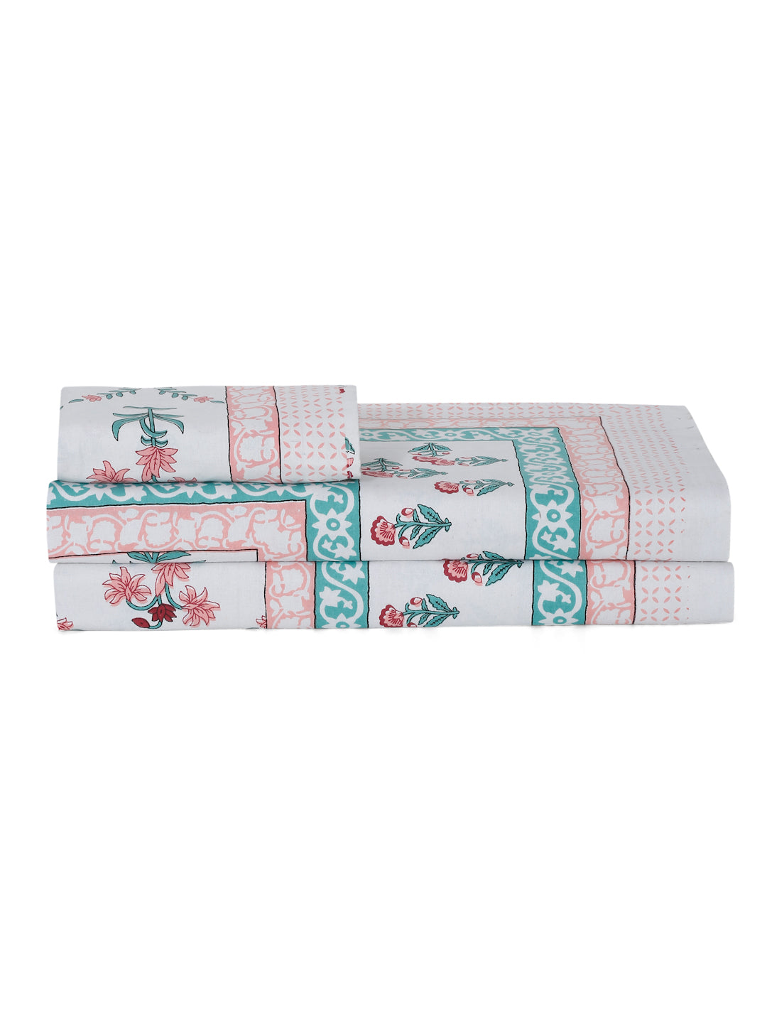 White Floral Print 144 TC Cotton Single Bed Sheet with 1 Pillow Cover