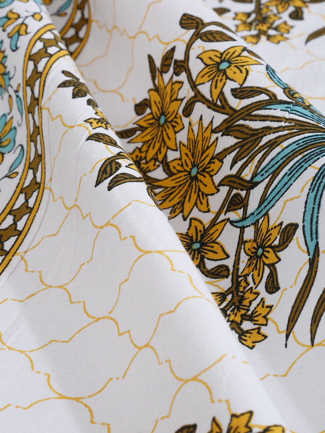 White and Blue Floral Print 144 TC Cotton Single Bed Sheet with 1 Pillow Cover