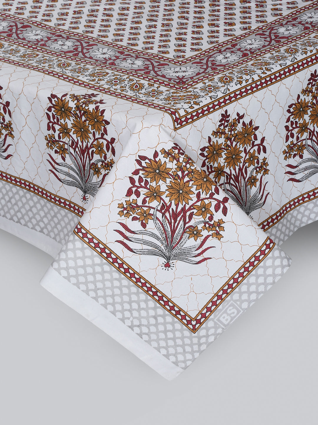 White and Red Floral Print 144 TC Cotton Single Bed Sheet with 1 Pillow Cover