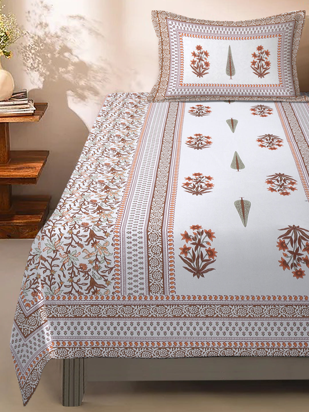 White and Orange Ethnic Motif Print 144 TC Cotton Single Bed Sheet with 1 Pillow Cover