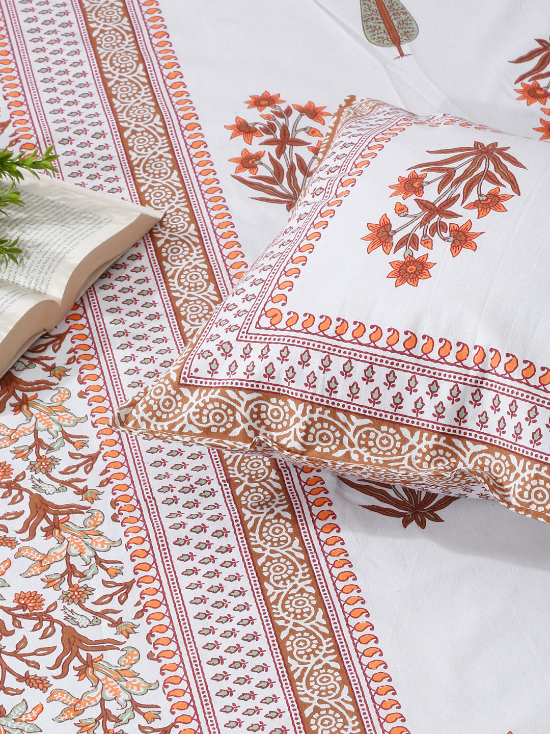 White and Orange Ethnic Motif Print 144 TC Cotton Single Bed Sheet with 1 Pillow Cover