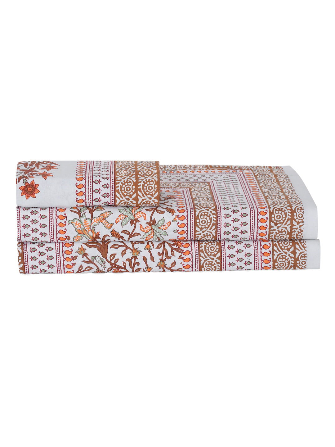White and Orange Ethnic Motif Print 144 TC Cotton Single Bed Sheet with 1 Pillow Cover