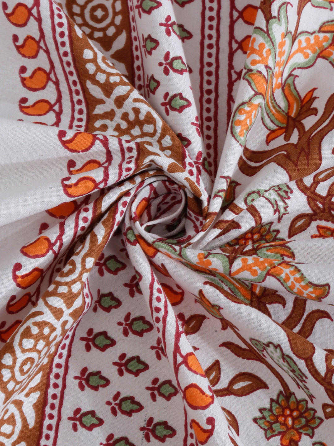 White and Orange Ethnic Motif Print 144 TC Cotton Single Bed Sheet with 1 Pillow Cover