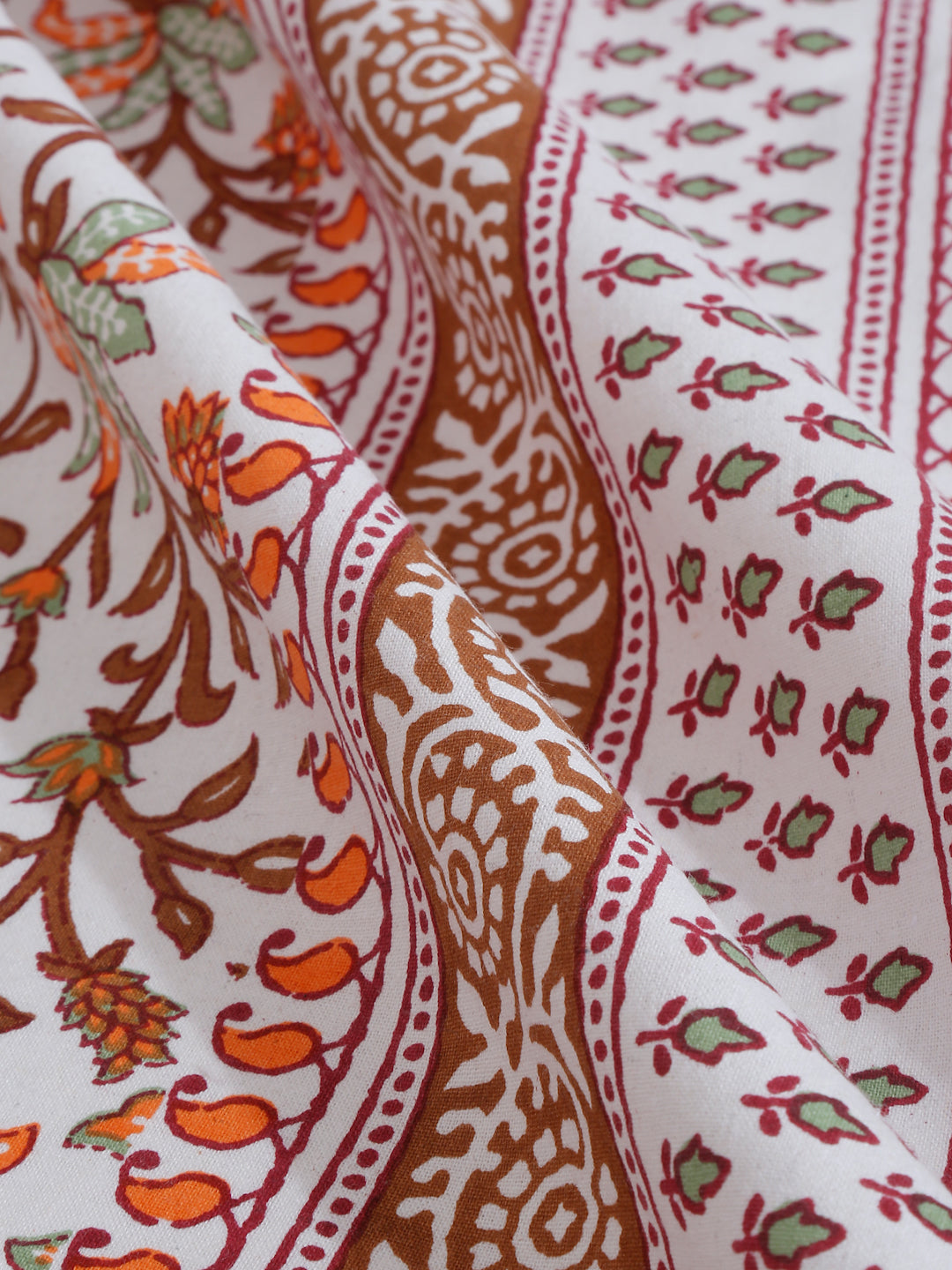 White and Orange Ethnic Motif Print 144 TC Cotton Single Bed Sheet with 1 Pillow Cover