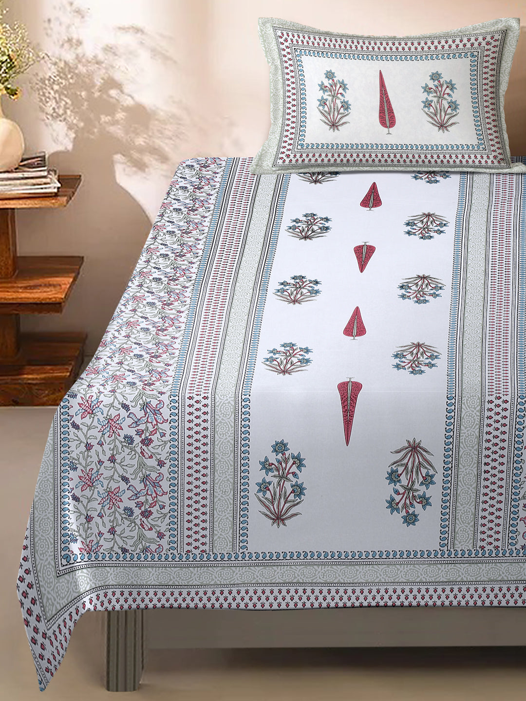 White and Red Ethnic Motif Print 144 TC Cotton Single Bed Sheet with 1 Pillow Cover