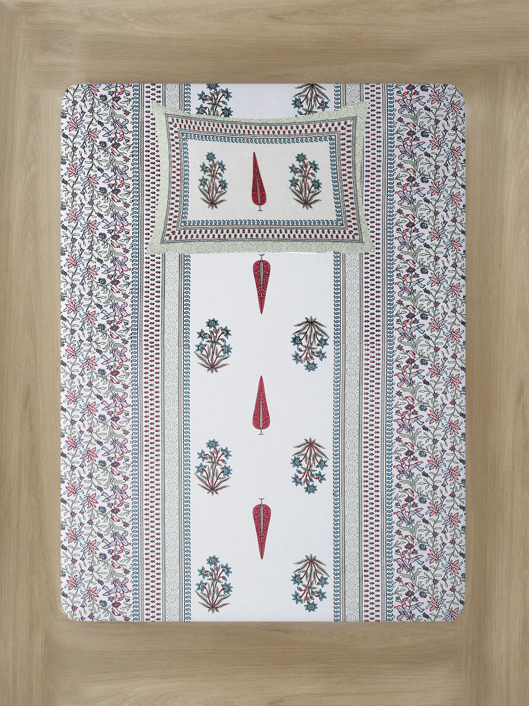 White and Red Ethnic Motif Print 144 TC Cotton Single Bed Sheet with 1 Pillow Cover