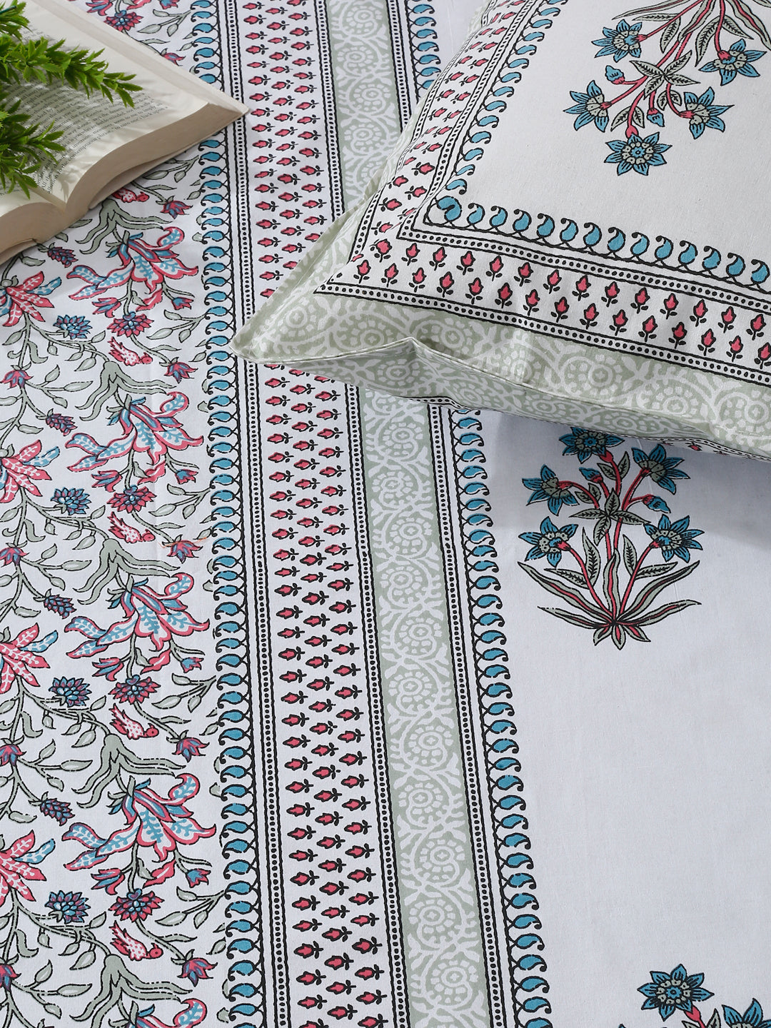 White and Red Ethnic Motif Print 144 TC Cotton Single Bed Sheet with 1 Pillow Cover