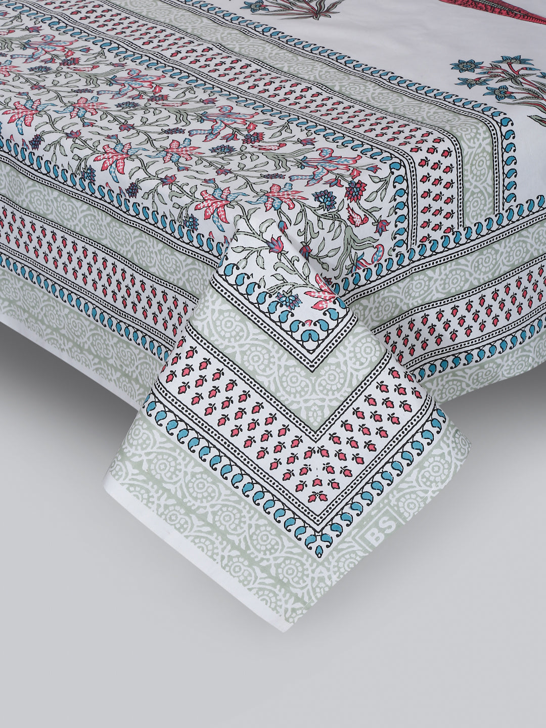 White and Red Ethnic Motif Print 144 TC Cotton Single Bed Sheet with 1 Pillow Cover