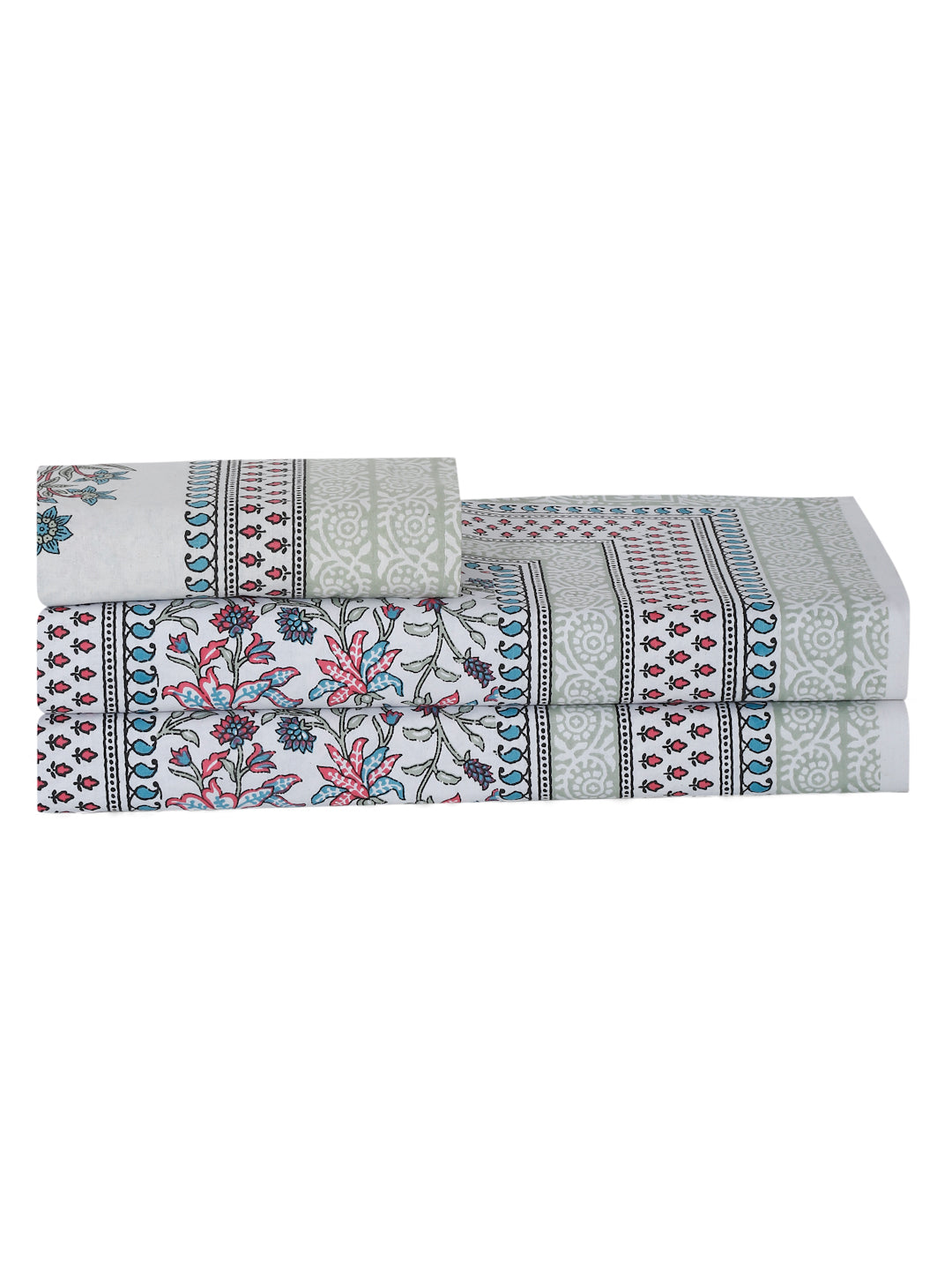 White and Red Ethnic Motif Print 144 TC Cotton Single Bed Sheet with 1 Pillow Cover
