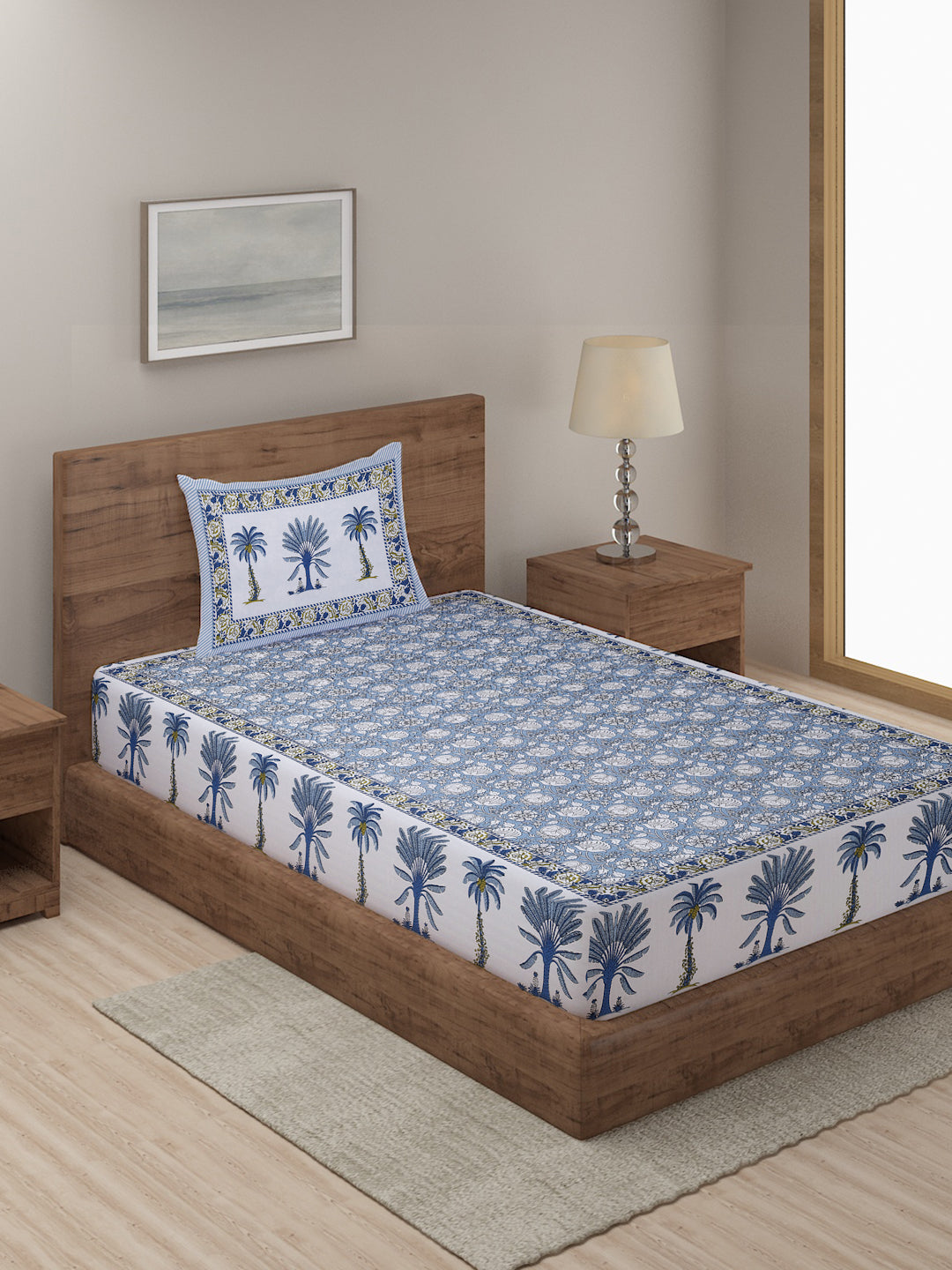 Sky Blue Floral Print 144 TC Cotton Single Bed Sheet with 1 Pillow Cover
