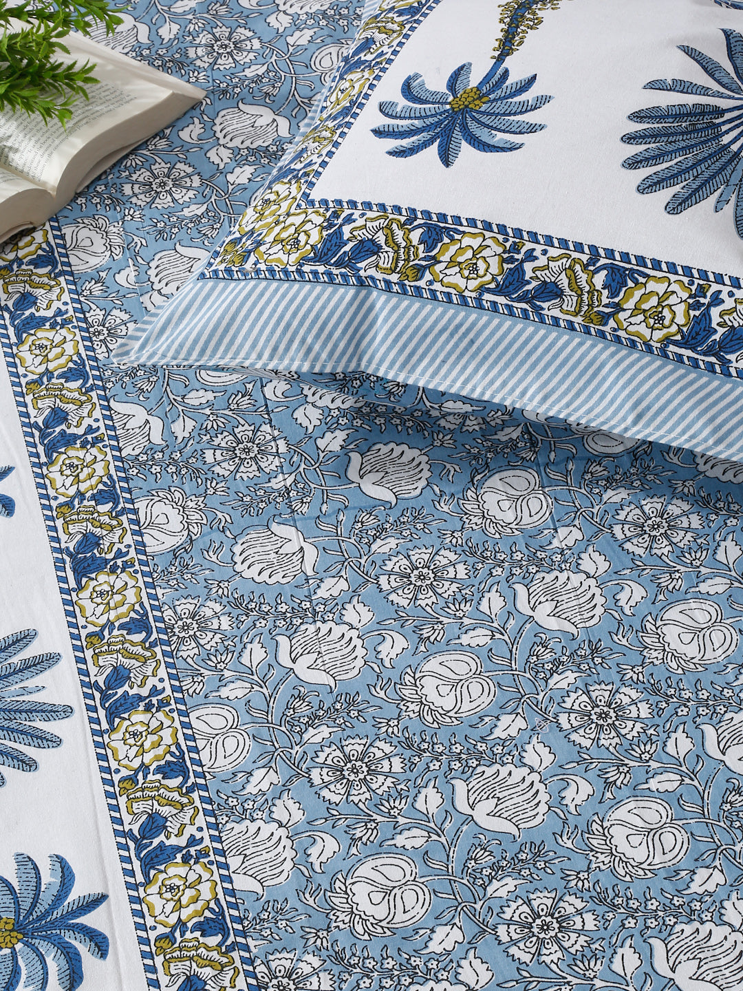 Sky Blue Floral Print 144 TC Cotton Single Bed Sheet with 1 Pillow Cover
