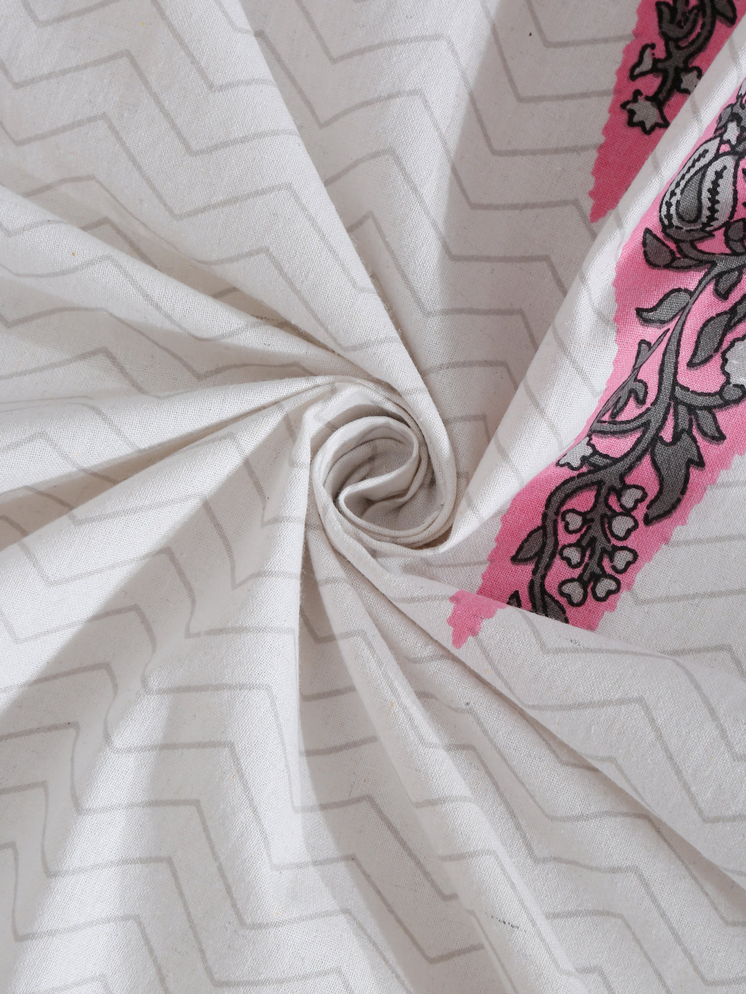 White and Pink Ethnic Motif Print 144 TC Cotton Single Bed Sheet with 1 Pillow Cover