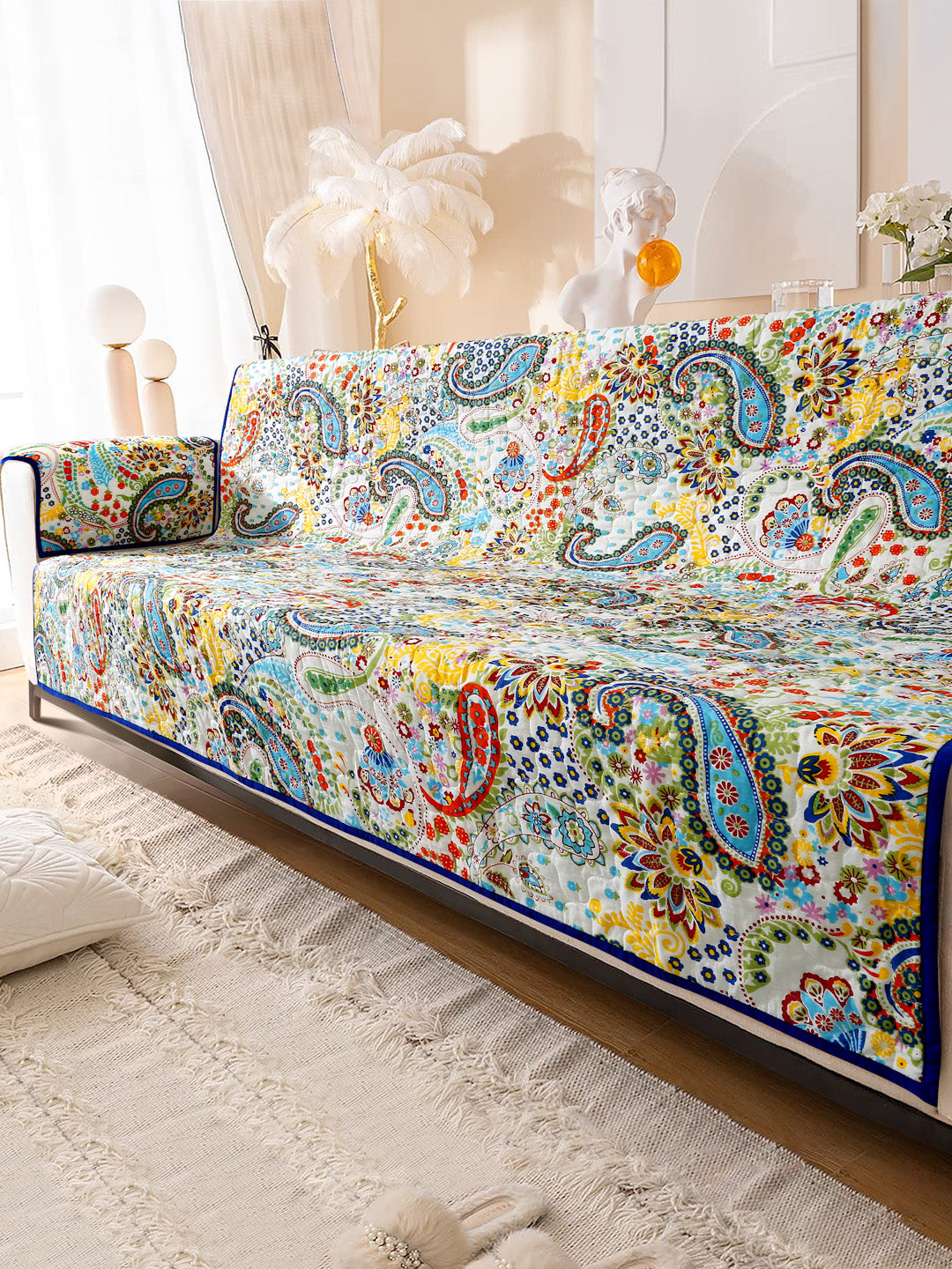 Multi Color Floral Print Cotton 3 Seater Sofa Cover with Hand Rest Cover