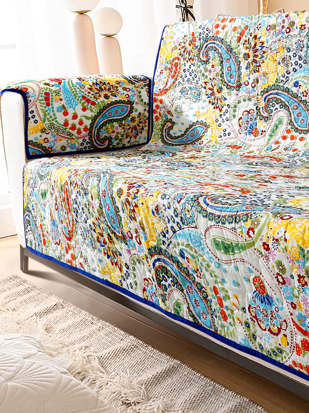 Multi Color Floral Print Cotton 3 Seater Sofa Cover with Hand Rest Cover