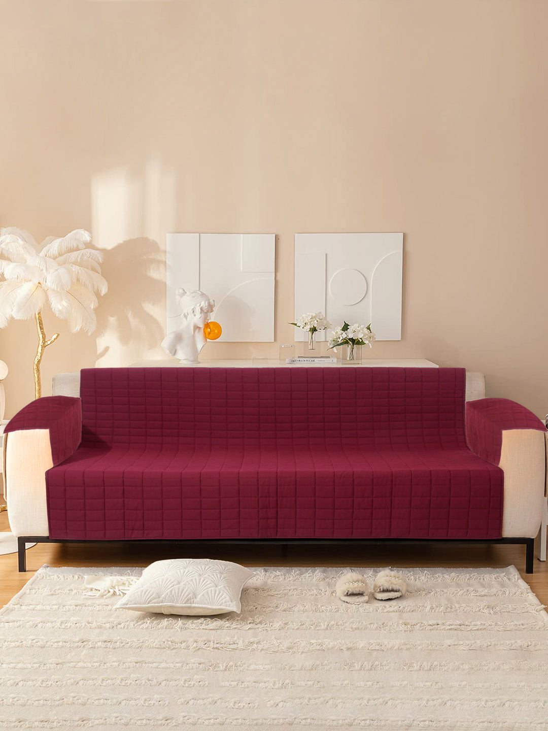 Wine Color Quilted Cotton 3 Seater Sofa Cover