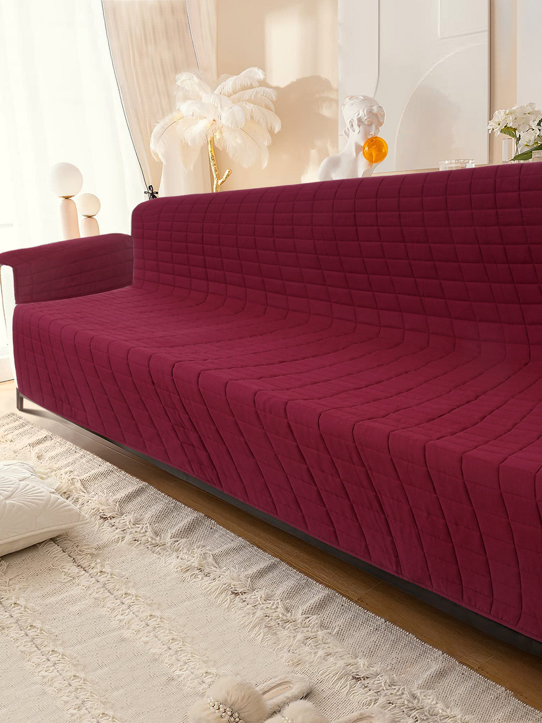 Wine Color Quilted Cotton 3 Seater Sofa Cover
