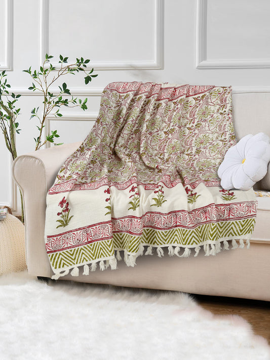 White and Red Floral Printed Cotton Throw