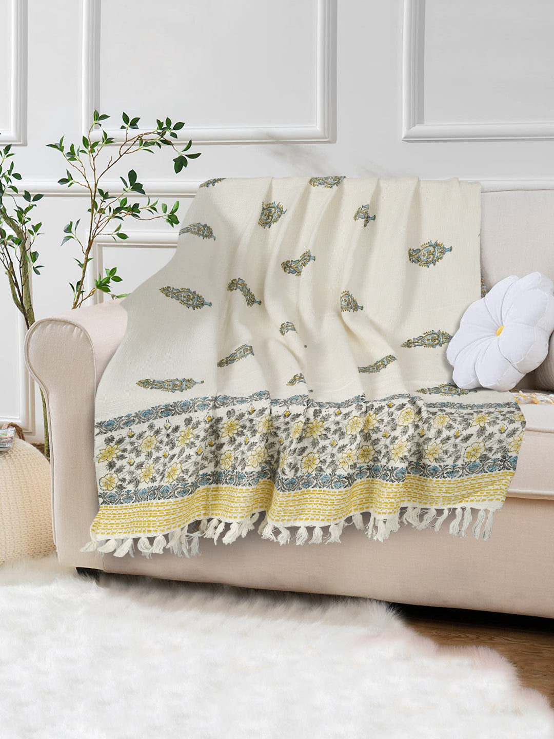 White and Red Floral Printed Cotton Throw