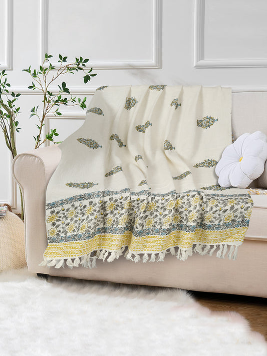 White and Red Floral Printed Cotton Throw