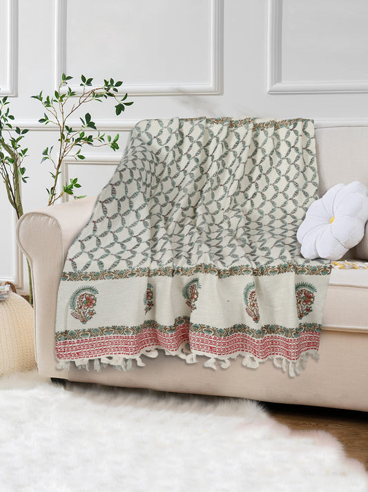White and Red Floral Printed Cotton Throw