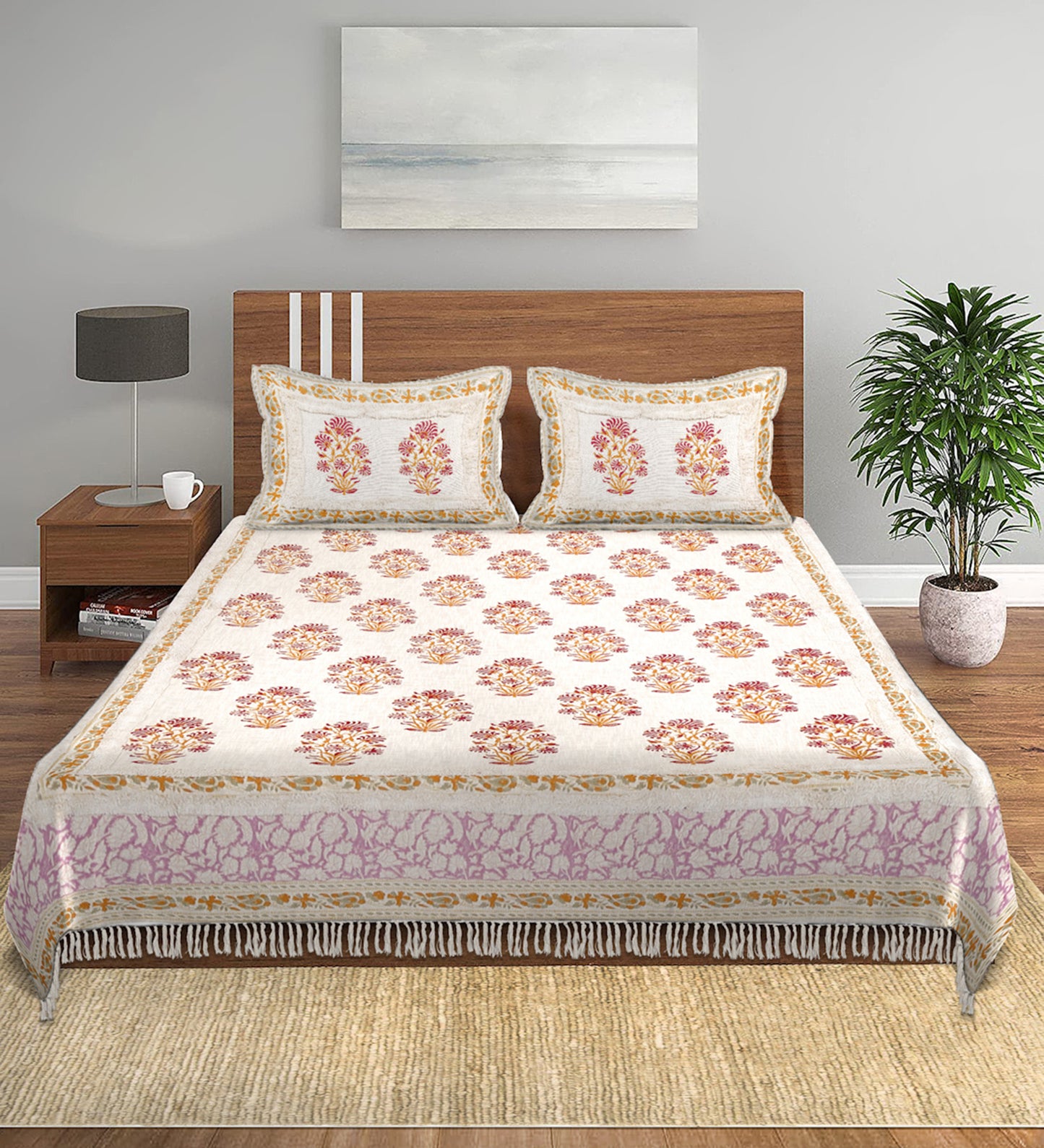 Rajasthan Decor 100% Cotton Multi Colour Hand Block Bed Spread with 2 Pillow Cover