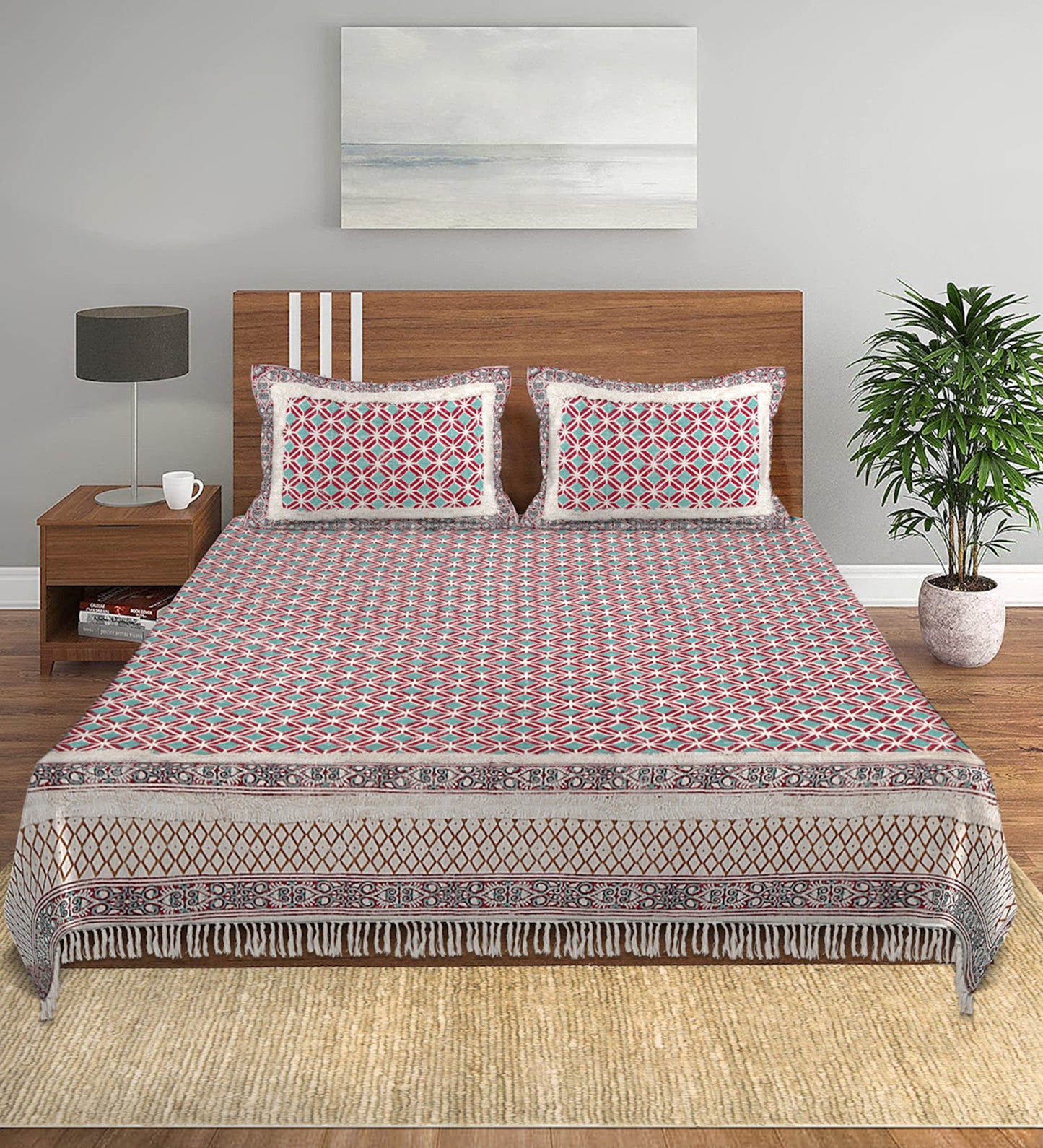 Rajasthan Decor 100% Cotton Hand Block Bed Spread with 2 Pillow Cover - Multi Colour