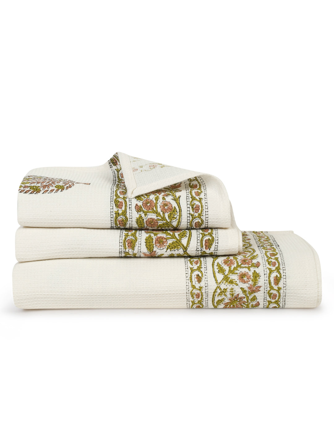 Cream and Green 180 GSM Hand Block Floral Cotton Towel Set of 3