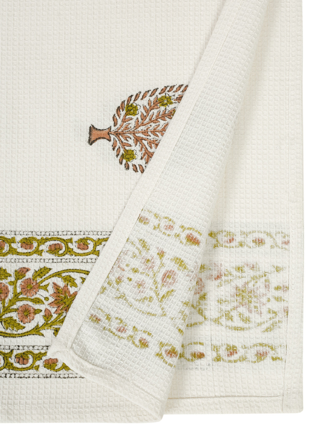 Cream and Green 180 GSM Hand Block Floral Cotton Towel Set of 3