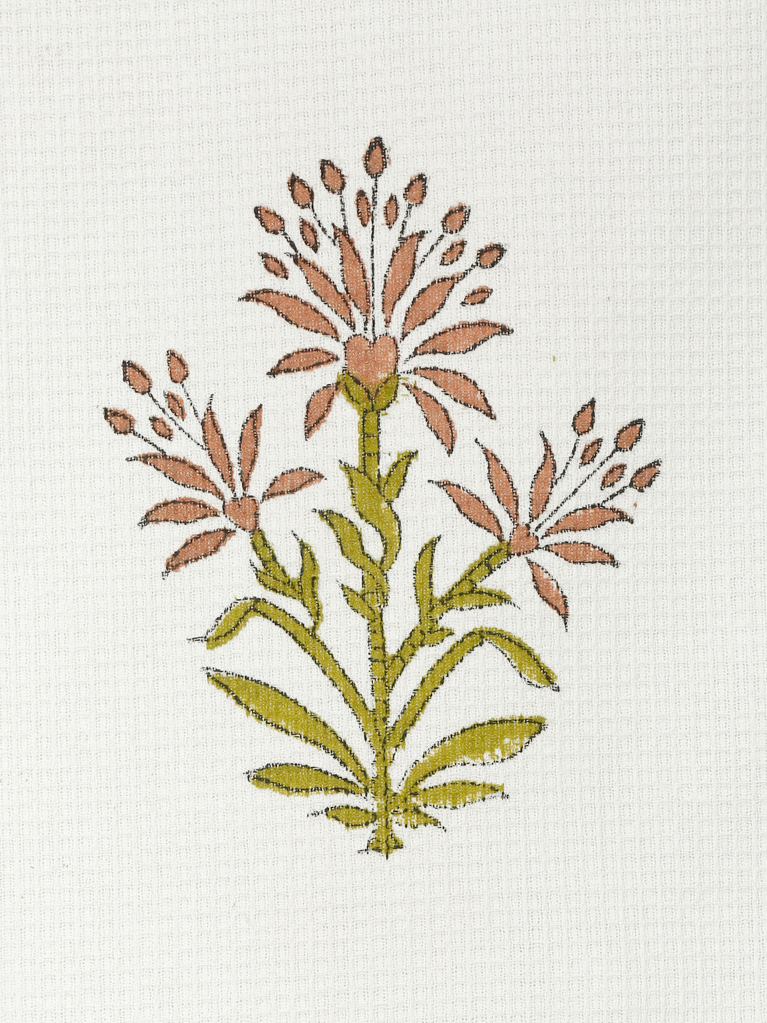 Cream and Green 180 GSM Hand Block Floral Cotton Towel Set of 3