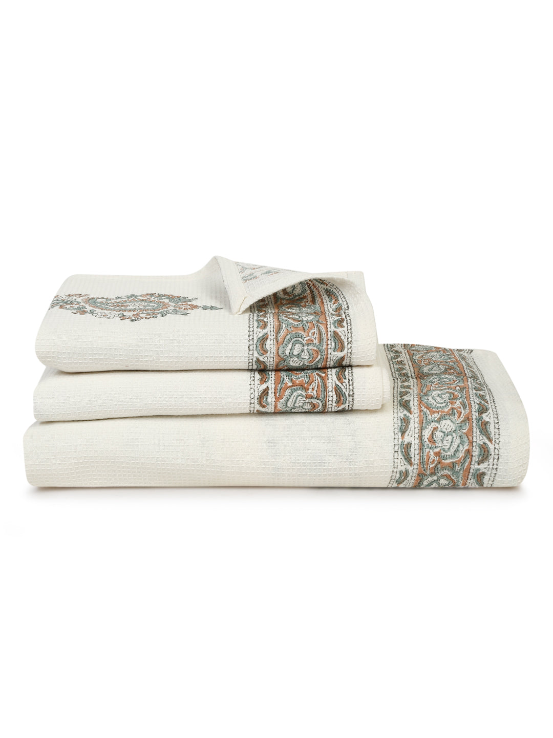 Cream and Green 180 GSM Hand Block Paisley Cotton Towel Set of 3