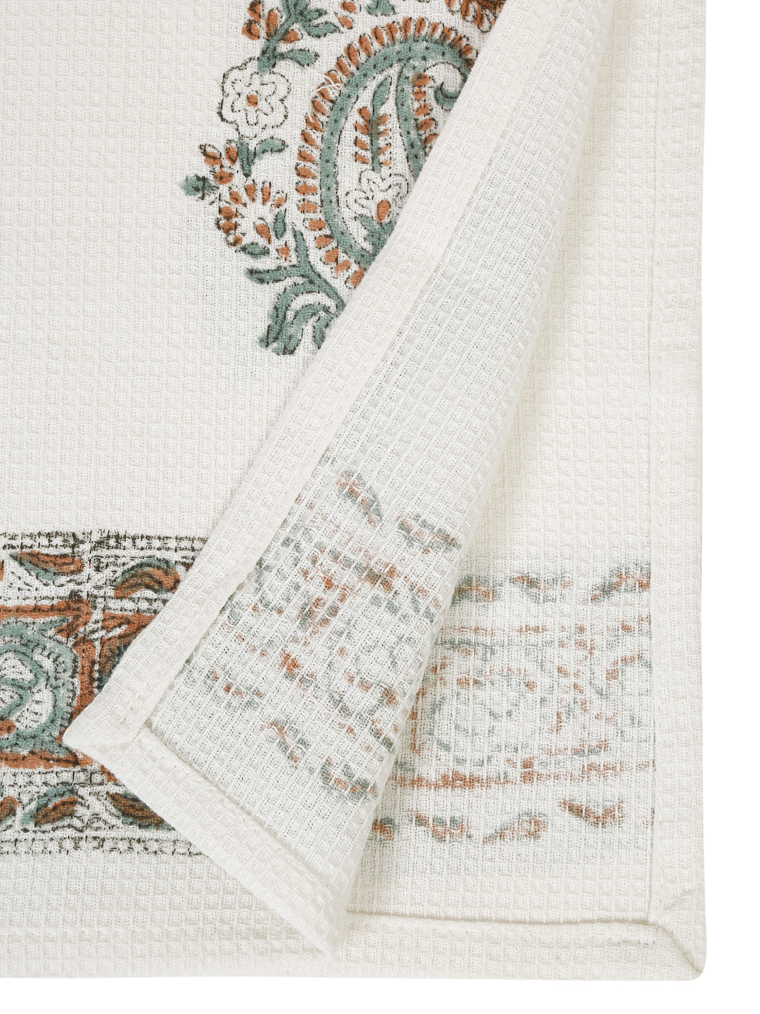 Cream and Green 180 GSM Hand Block Paisley Cotton Towel Set of 3