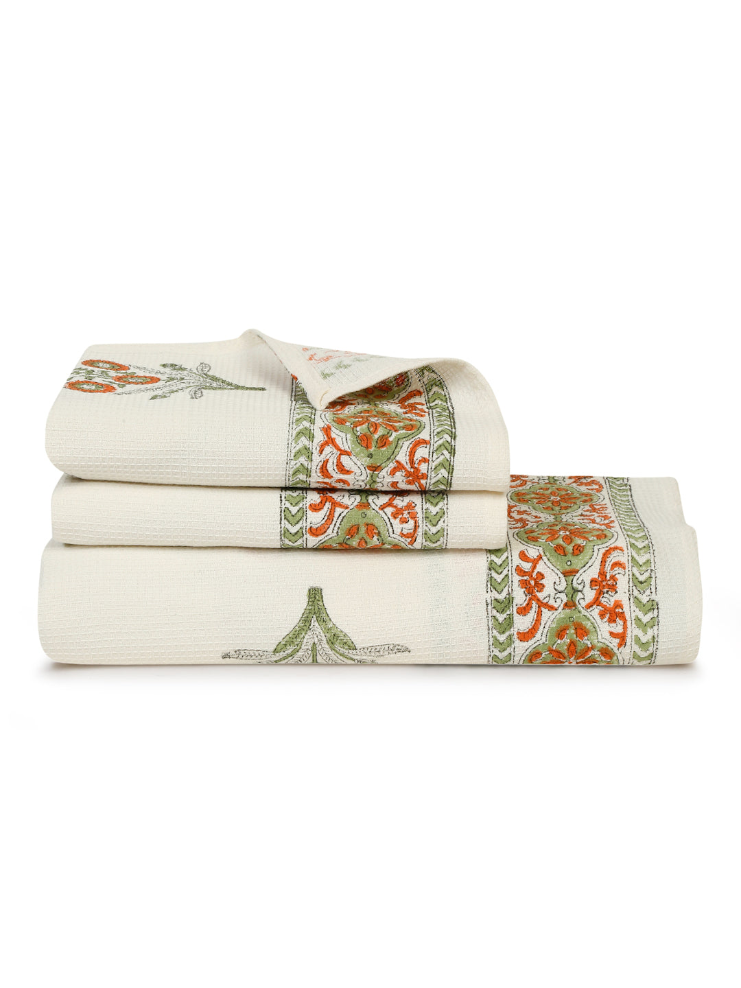 Cream and Orange 180 GSM Hand Block Floral Cotton Towel Set of 3