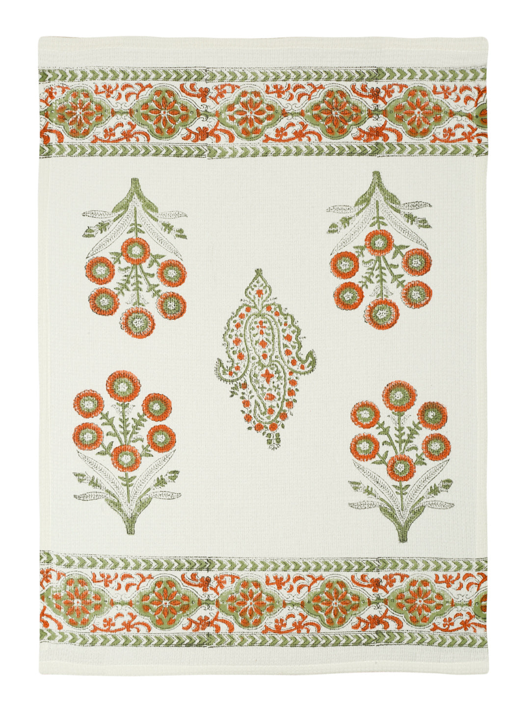 Cream and Orange 180 GSM Hand Block Floral Cotton Towel Set of 3