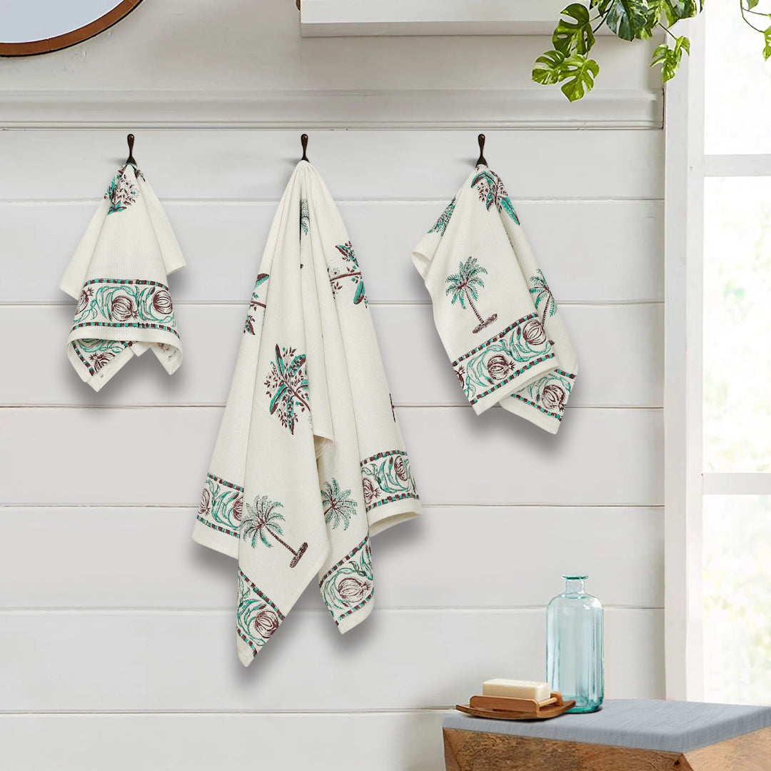 Cream and Turquoise 180 GSM Hand Block Cotton Towel Set of 3