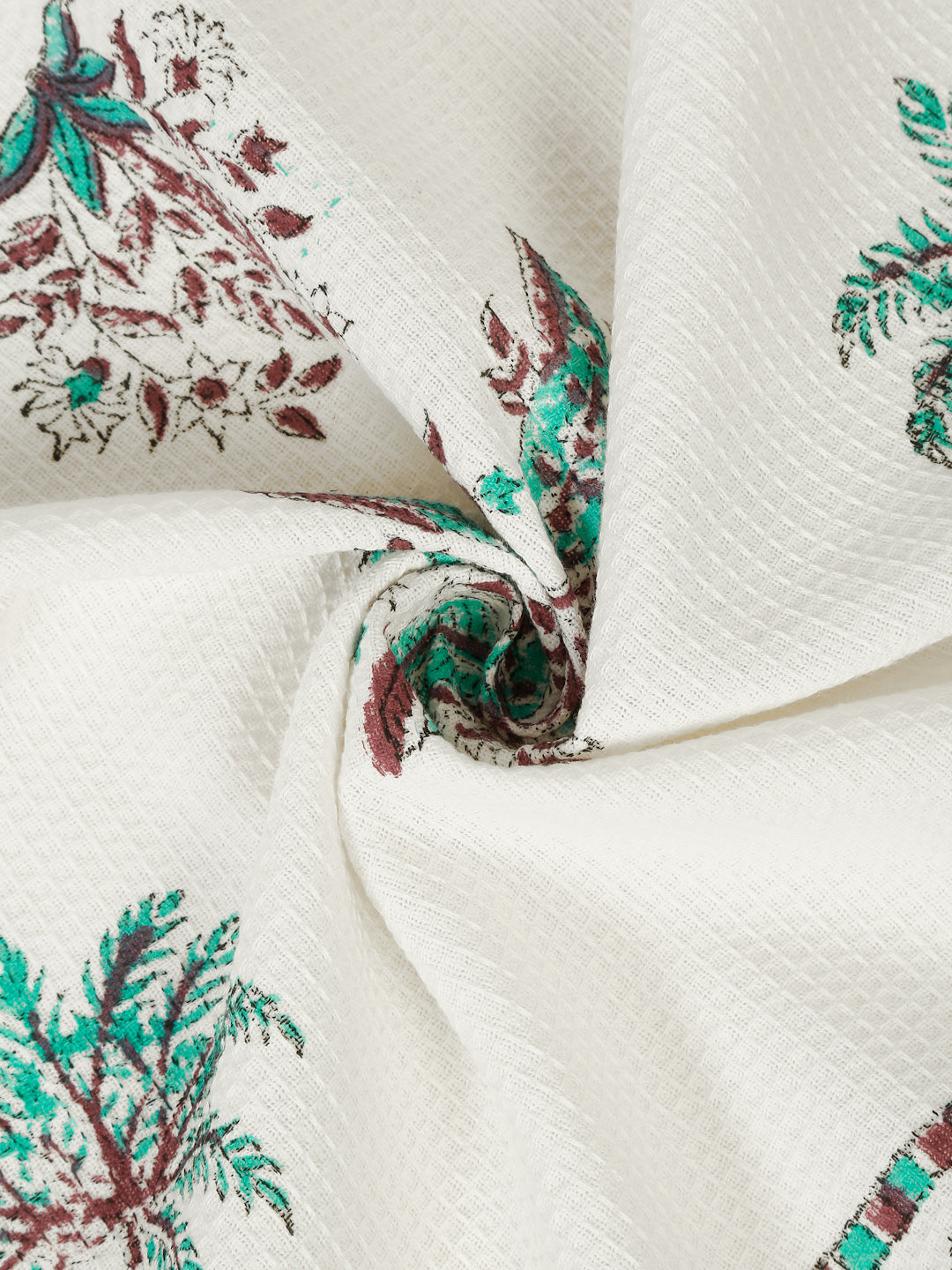 Cream and Turquoise 180 GSM Hand Block Cotton Towel Set of 3
