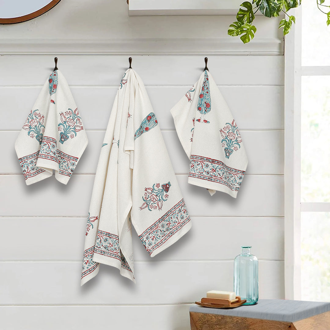 Cream and Aqua 180 GSM Hand Block Ethnic Motiffs Cotton Towel Set of 3