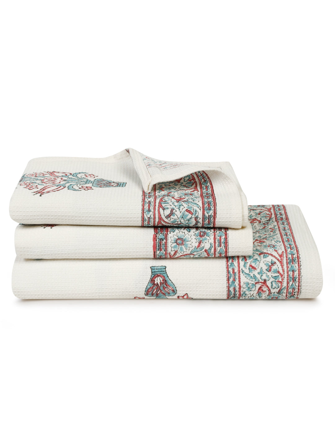 Cream and Aqua 180 GSM Hand Block Ethnic Motiffs Cotton Towel Set of 3