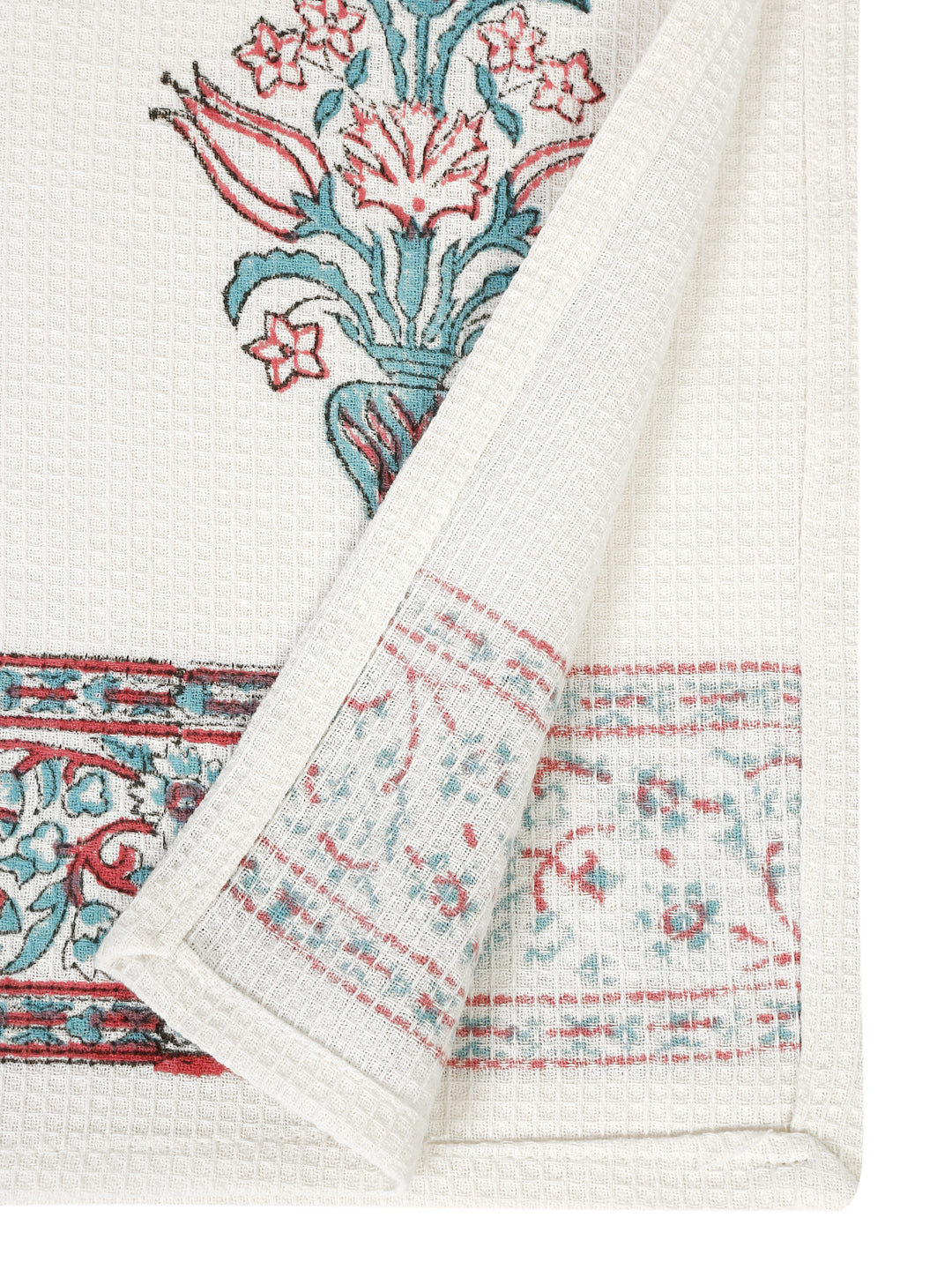 Cream and Aqua 180 GSM Hand Block Ethnic Motiffs Cotton Towel Set of 3