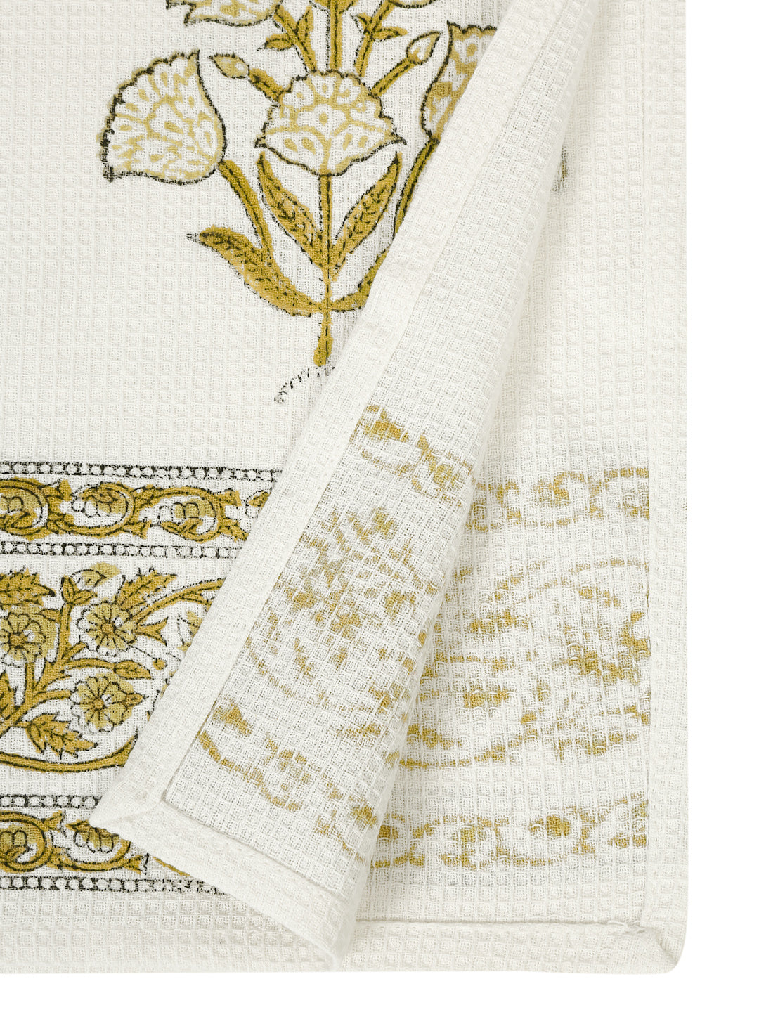 Cream and Olive 180 GSM Hand Block Floral Cotton Towel Set of 3
