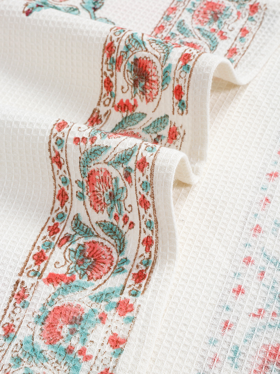 Cream and Pink 180 GSM Hand Block Floral Cotton Towel Set of 3
