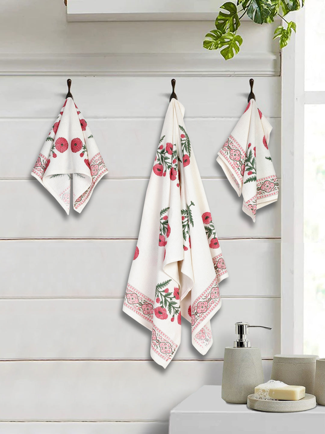 Cream and Pink 180 GSM Hand Block Floral Print Cotton Towel Set of 3