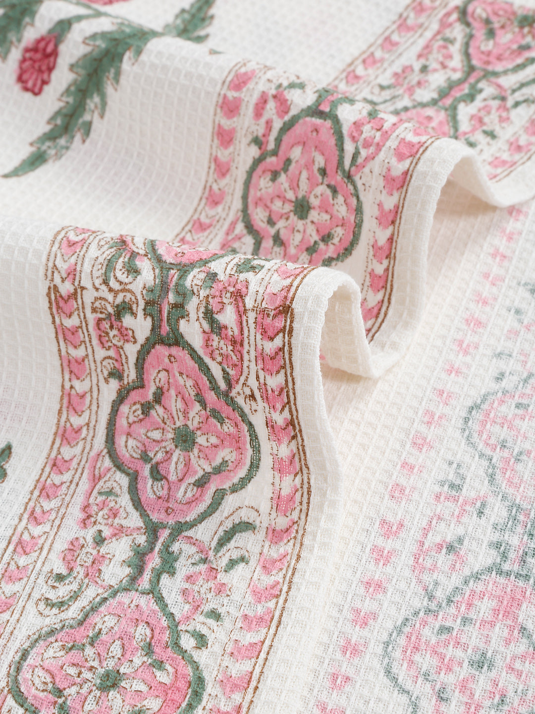 Cream and Pink 180 GSM Hand Block Floral Print Cotton Towel Set of 3