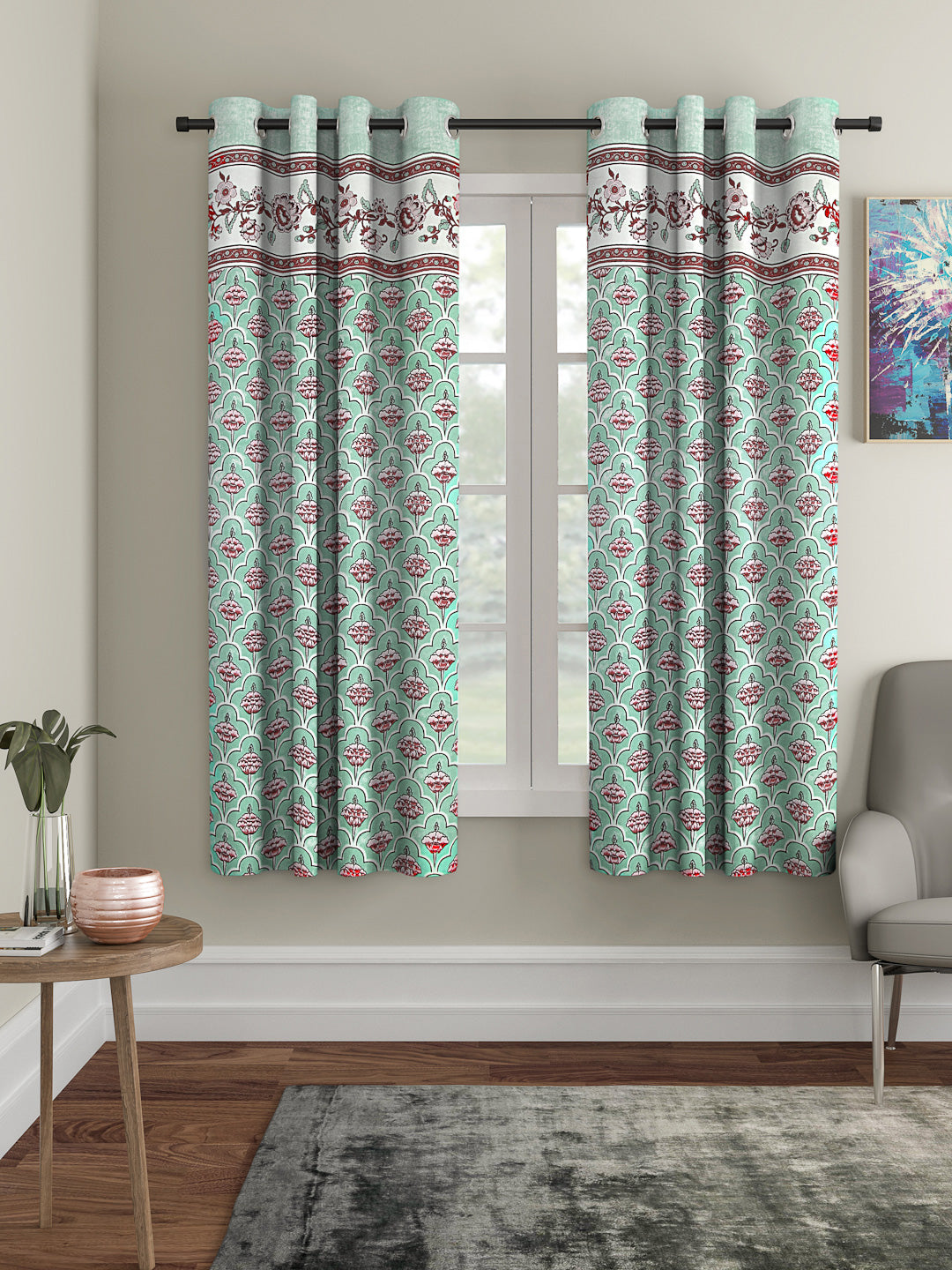 Rajsthan Décor Screen Print Cotton Green Floral Window Curtain Set of 2 (54x62 Inch)