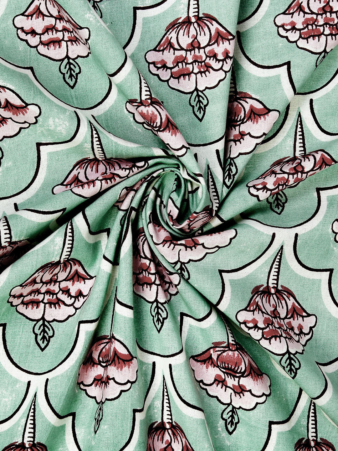 Rajsthan Décor Screen Print Cotton Green Floral Window Curtain Set of 2 (54x62 Inch)