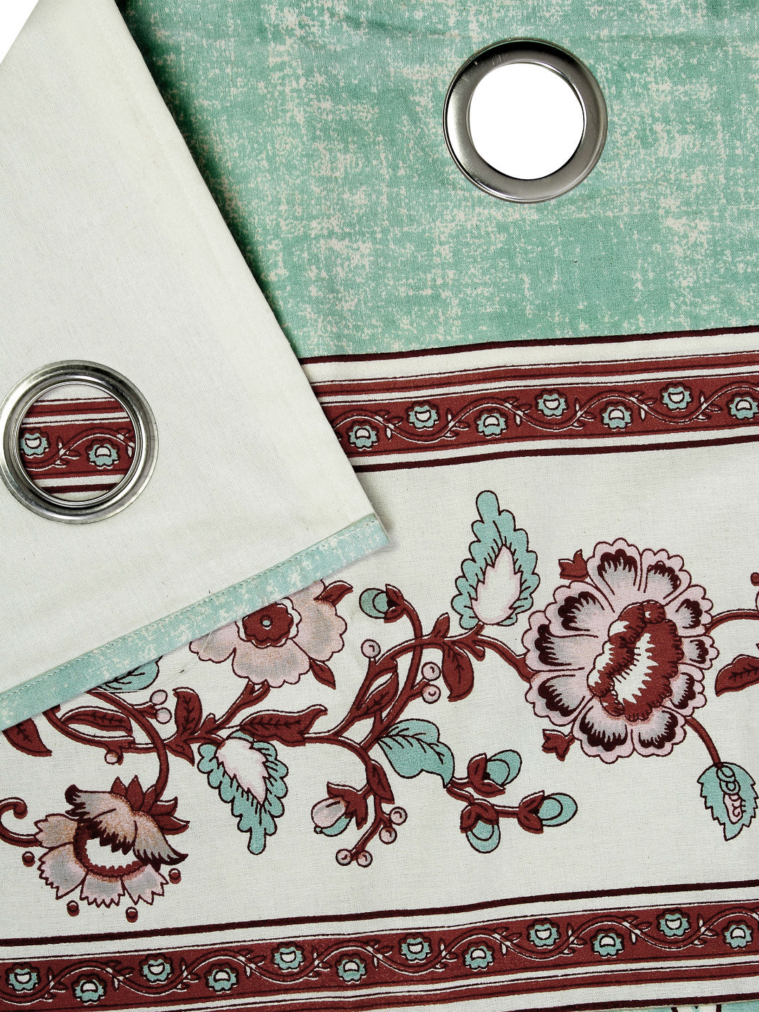 Rajsthan Décor Screen Print Cotton Green Floral Window Curtain Set of 2 (54x62 Inch)